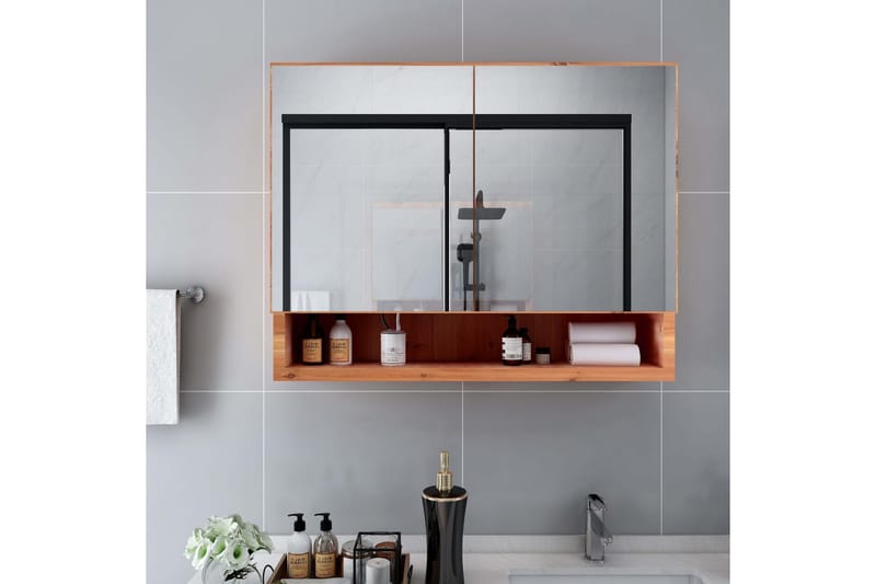badeværelsesskab med spejl & LED 80x15x60cm MDF egetræsfarve - Brun - Spejlskabe