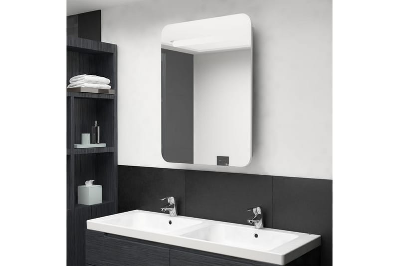 badeværelsesskab med spejl + LED-lys 60x11x80cm og egetræ - Spejlskabe