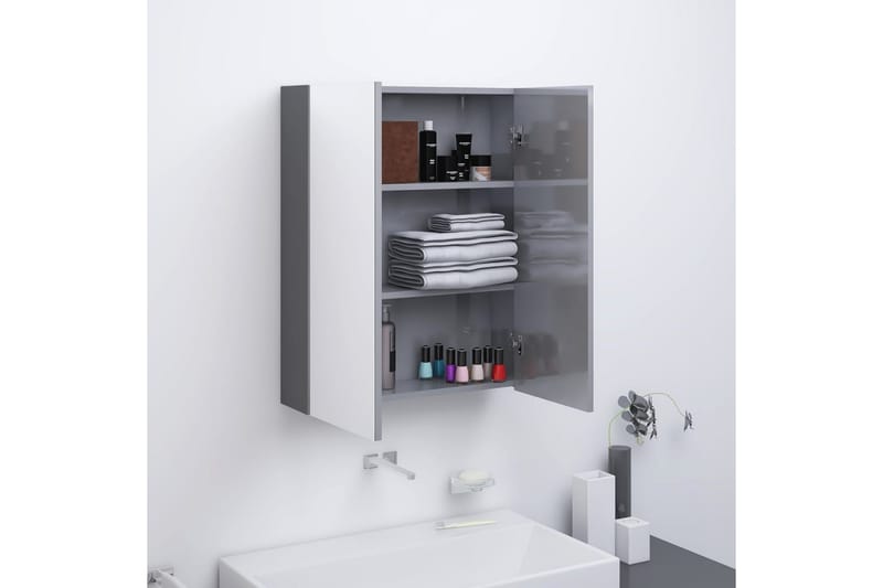 badeværelsesskab med spejl 60x15x75 cm MDF skinnende grå - Grå - Spejlskabe