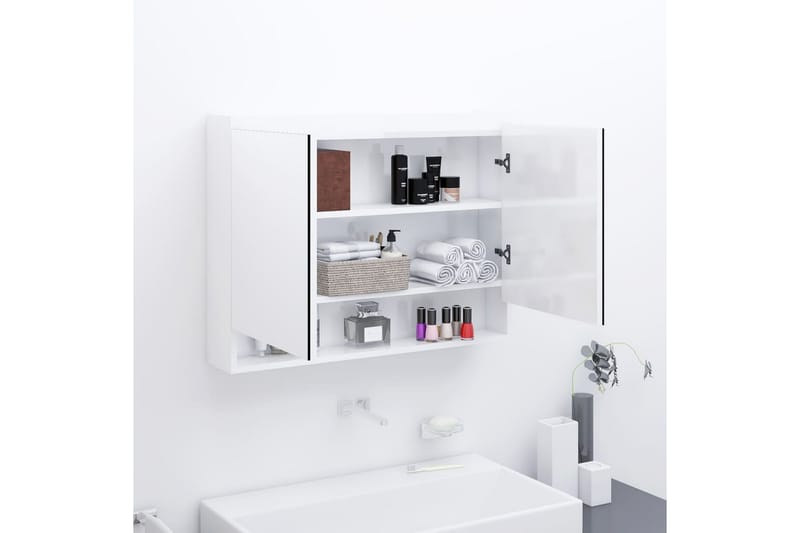 badeværelsesskab med spejl 80x15x60 cm MDF skinnende hvid - Spejlskabe
