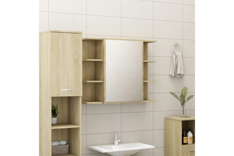 Badeværelsesskab Med Spejl 80X20,5X64 cm Spånplade Sonoma-Eg - Brun - Spejlskabe