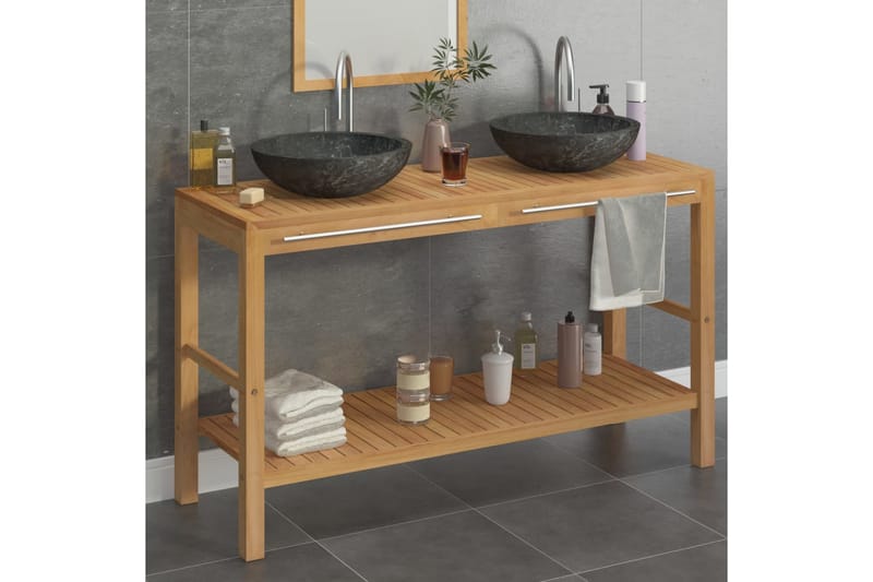 Badeværelsesskab med håndvaske massivt teak marmor sort - Brun - Underskab badeværelse