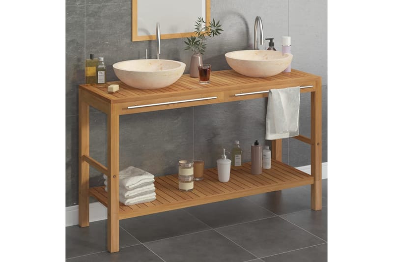 Badeværelsesskab med håndvaske teak marmor cremefarvet - Brun - Underskab badeværelse