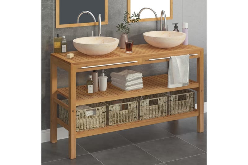Badeværelsesskab med håndvaske teak marmor cremefarvet - Brun - Underskab badeværelse