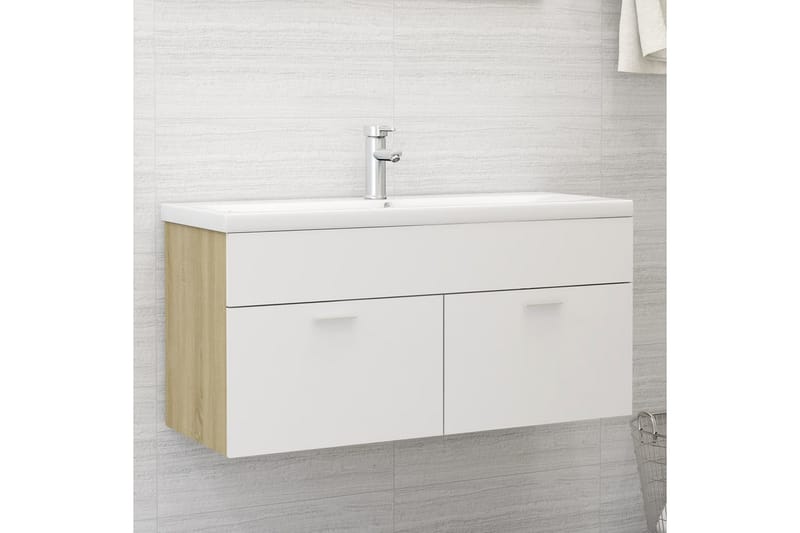vaskeskab 100x38,5x46 spånplade hvid og sonoma-eg - Beige - Underskab badeværelse