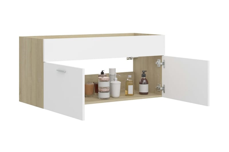 vaskeskab 100x38,5x46 spånplade hvid og sonoma-eg - Beige - Underskab badeværelse