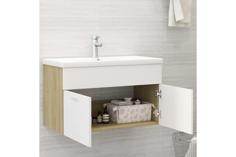 vaskeskab 80x38,5x46 cm spånplade hvid og sonoma-eg - Beige - Underskab badeværelse