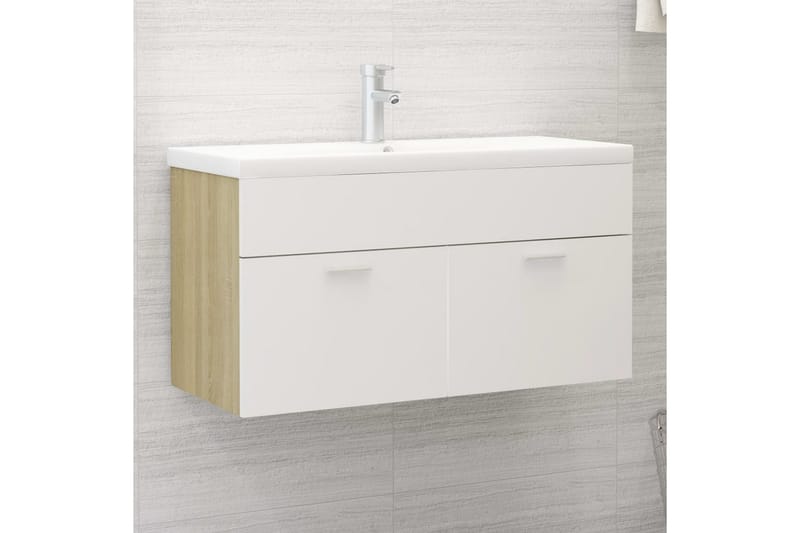 vaskeskab 90x38,5x46 cm spånplade hvid og sonoma-eg - Beige - Underskab badeværelse