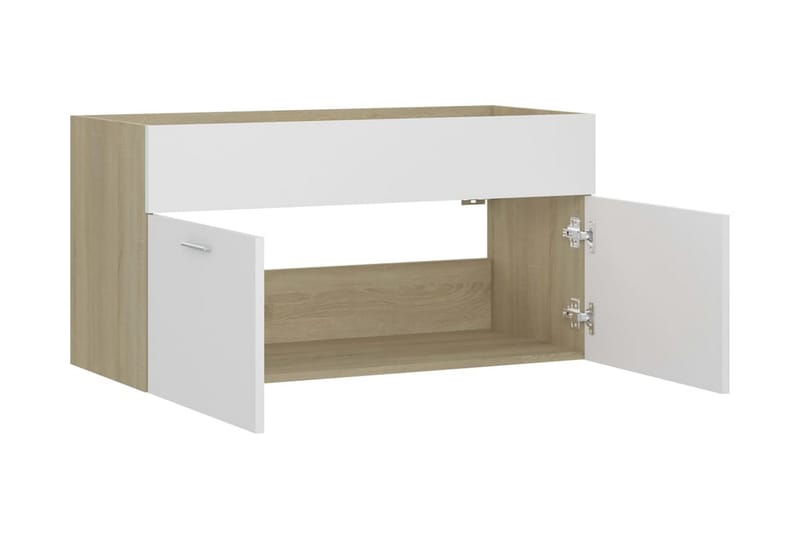 vaskeskab 90x38,5x46 cm spånplade hvid og sonoma-eg - Beige - Underskab badeværelse