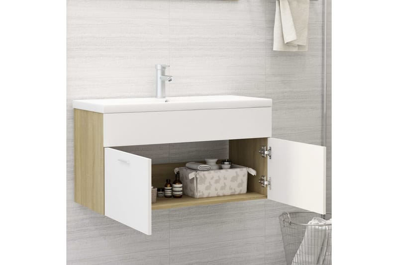 vaskeskab 90x38,5x46 cm spånplade hvid og sonoma-eg - Beige - Underskab badeværelse