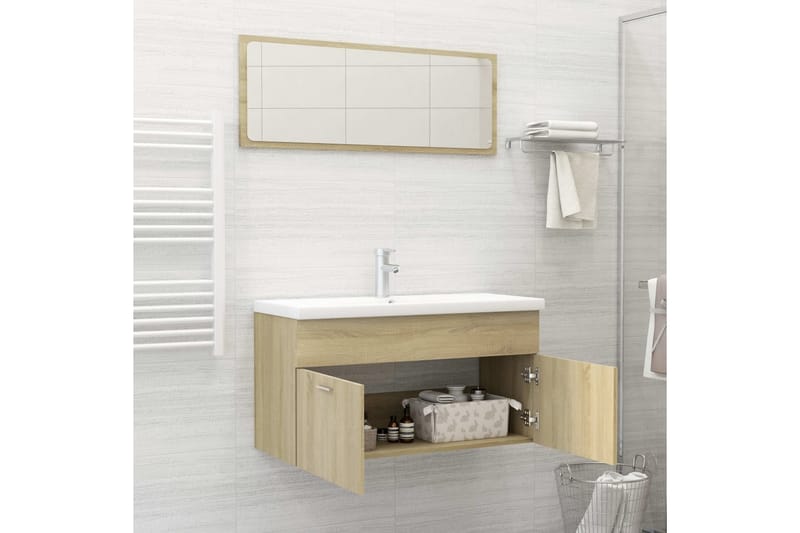 badeværelsesmøbelsæt 2 dele spånplade sonoma-eg - Brun - Vasketøjsskab - Vægskabe & højskabe - Badeværelsesskab