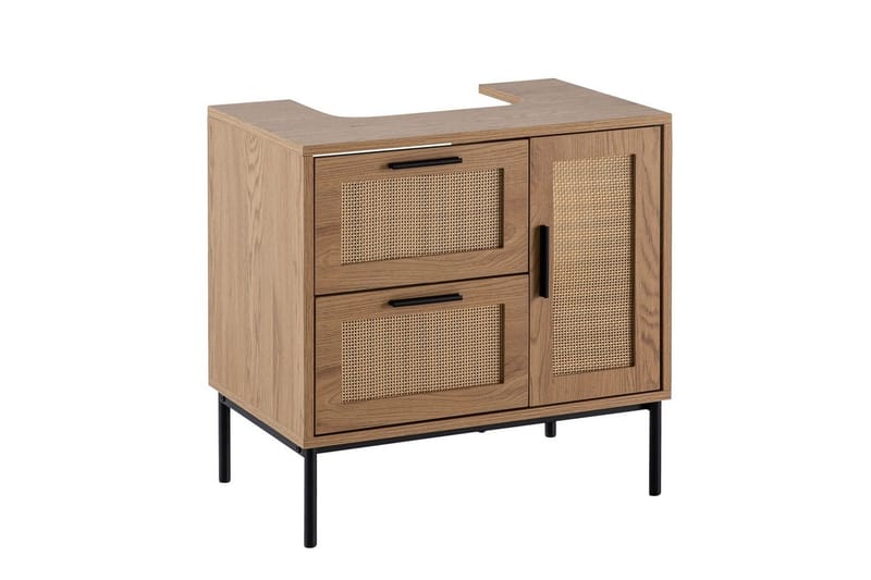 Vask Bundenhed Wohnling melaminbelagt MDF, egetræsoptik, rattan front, metalben, moderne loftstil 1 dør, 3 skuffer - 1 dør, 3 skuffer - Hus & renovering - Køkken & bad - Badeværelse - Badeværelsesmøbler - Badeværelsesskab