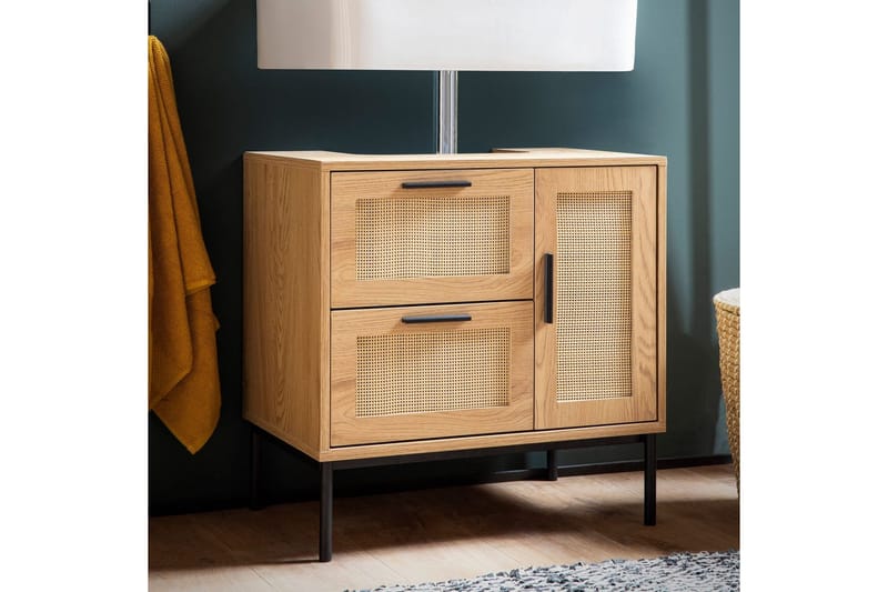 Vask Bundenhed Wohnling melaminbelagt MDF, egetræsoptik, rattan front, metalben, moderne loftstil 1 dør, 3 skuffer - 1 dør, 3 skuffer - Hus & renovering - Køkken & bad - Badeværelse - Badeværelsesmøbler - Badeværelsesskab