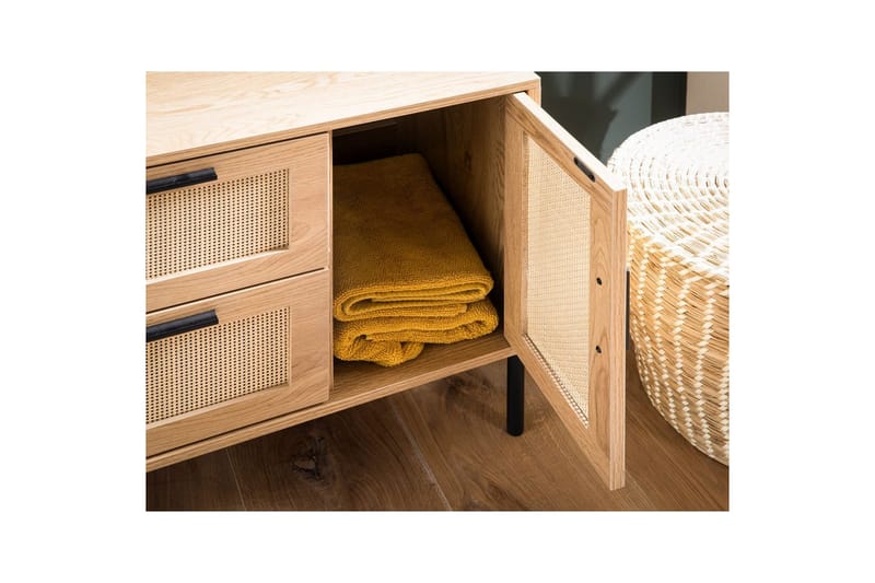 Vask Bundenhed Wohnling melaminbelagt MDF, egetræsoptik, rattan front, metalben, moderne loftstil 1 dør, 3 skuffer - 1 dør, 3 skuffer - Hus & renovering - Køkken & bad - Badeværelse - Badeværelsesmøbler - Badeværelsesskab