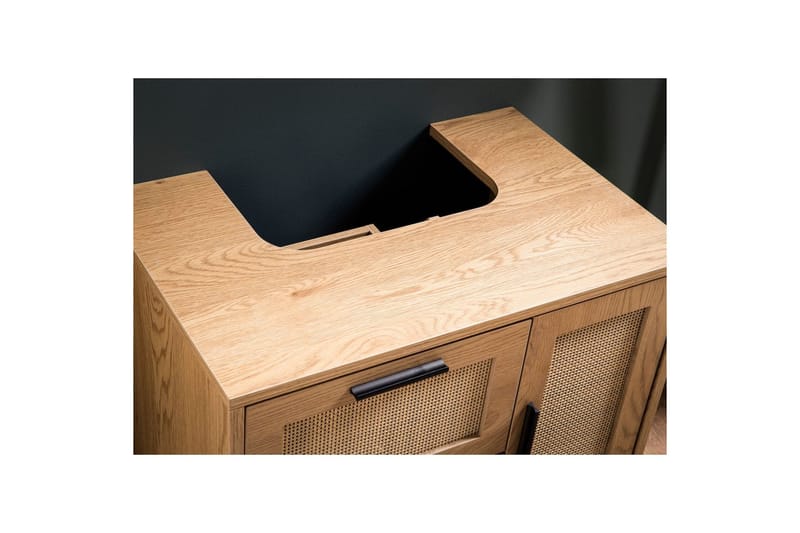 Vask Bundenhed Wohnling melaminbelagt MDF, egetræsoptik, rattan front, metalben, moderne loftstil 1 dør, 3 skuffer - 1 dør, 3 skuffer - Hus & renovering - Køkken & bad - Badeværelse - Badeværelsesmøbler - Badeværelsesskab