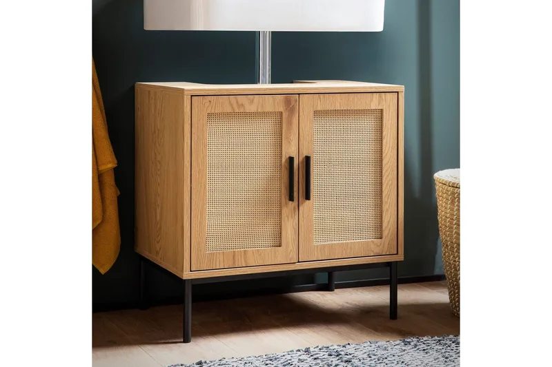 Vask Bundenhed Wohnling melaminbelagt MDF, egetræsoptik, rattan front, metalben, moderne loftstil 2 døre - 2 døre - Hus & renovering - Køkken & bad - Badeværelse - Badeværelsesmøbler - Badeværelsesskab