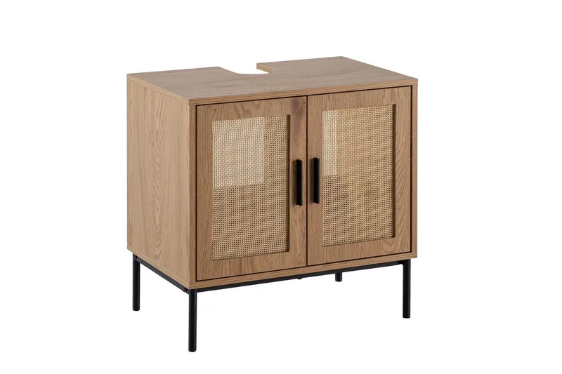 Vask Bundenhed Wohnling melaminbelagt MDF, egetræsoptik, rattan front, metalben, moderne loftstil 2 døre, 2 døre