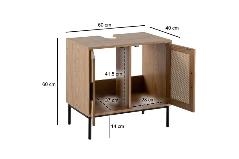 Vask Bundenhed Wohnling melaminbelagt MDF, egetræsoptik, rattan front, metalben, moderne loftstil 2 døre - 2 døre - Hus & renovering - Køkken & bad - Badeværelse - Badeværelsesmøbler - Badeværelsesskab