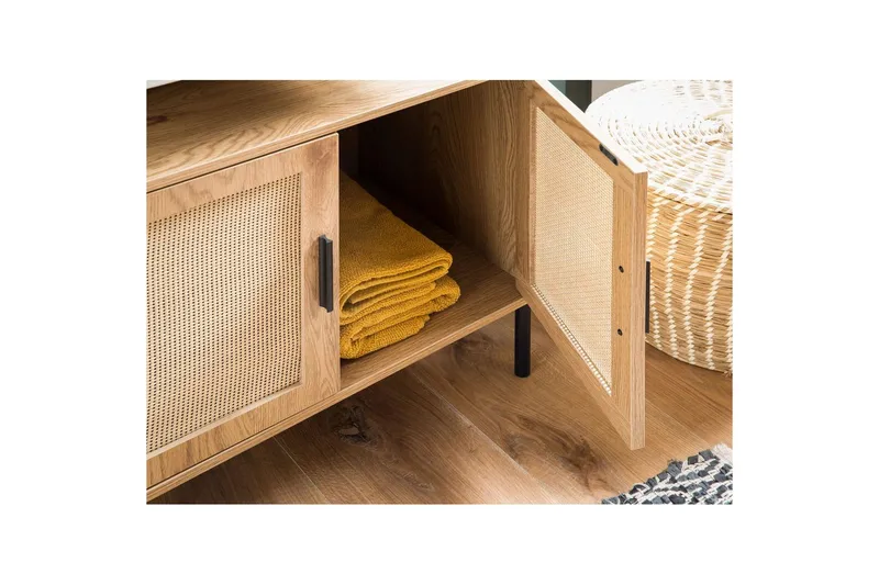 Vask Bundenhed Wohnling melaminbelagt MDF, egetræsoptik, rattan front, metalben, moderne loftstil 2 døre - 2 døre - Hus & renovering - Køkken & bad - Badeværelse - Badeværelsesmøbler - Badeværelsesskab