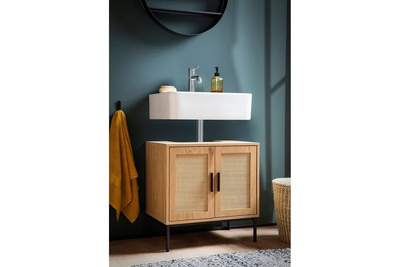 Vask Bundenhed Wohnling melaminbelagt MDF, egetræsoptik, rattan front, metalben, moderne loftstil 2 døre - 2 døre - Hus & renovering - Køkken & bad - Badeværelse - Badeværelsesmøbler - Badeværelsesskab