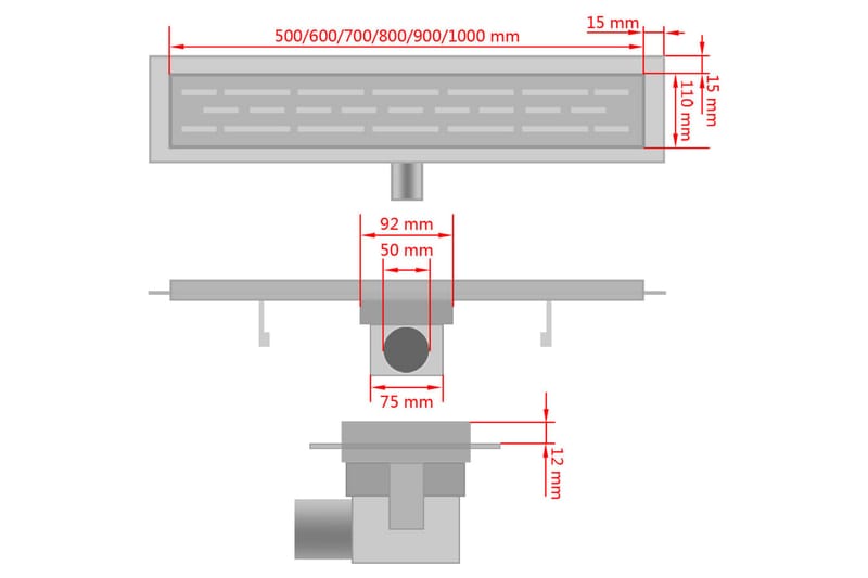 Lineært bruseafløb bølgedesign 730x140 mm rustfrit stål - Afløb og gulvbrønd - Indendørsafløb