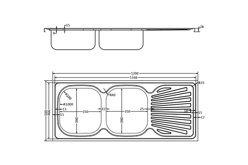 dobbelt køkkenvask 1200x500x155 mm rustfrit stål sølvfarvet - Sølv - Hus & renovering - Køkken & bad - Badeværelse - Håndvaske - Dobbelt håndvask