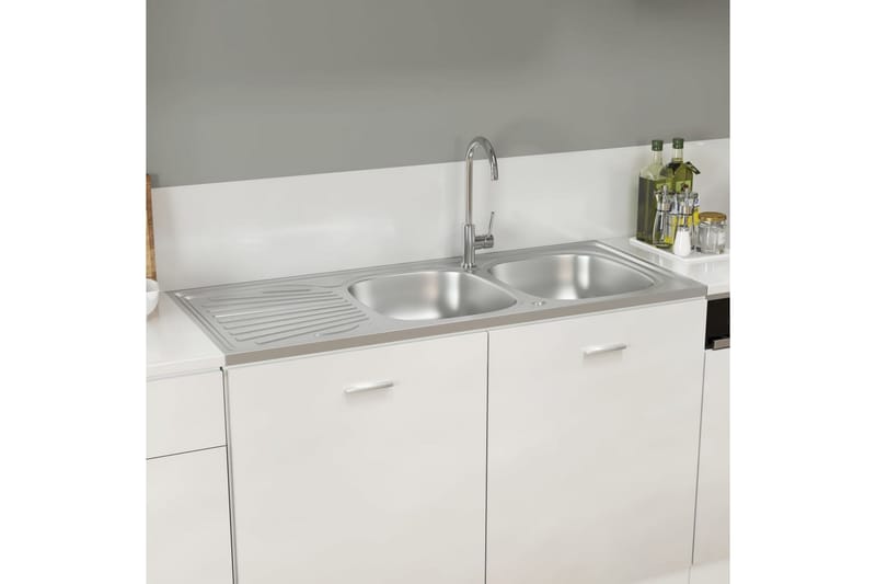 dobbelt køkkenvask 1200x600x155 mm rustfrit stål sølvfarvet - Sølv - Hus & renovering - Køkken & bad - Badeværelse - Håndvaske - Dobbelt håndvask