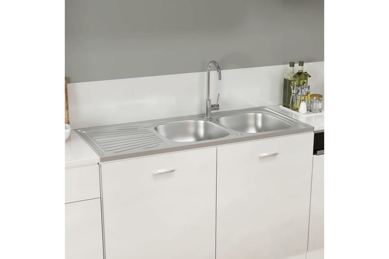 dobbelt køkkenvask 1200x600x155 mm rustfrit stål sølvfarvet - Sølv - Dobbelt håndvask
