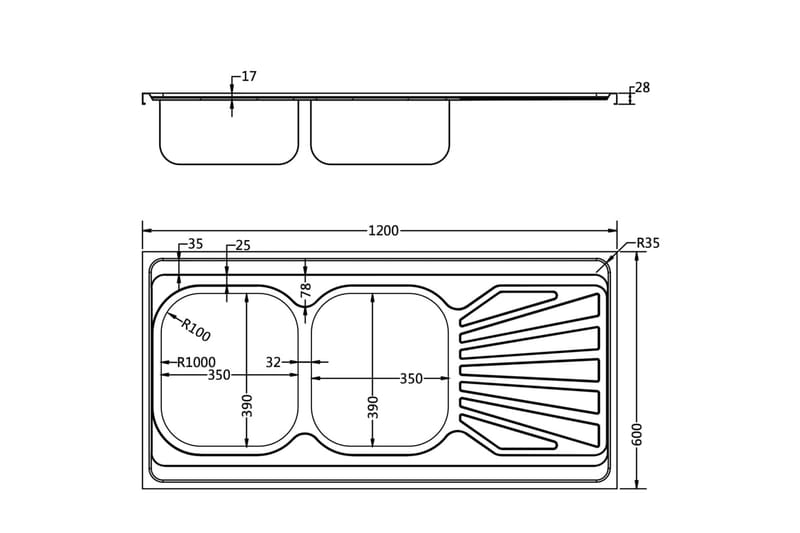 dobbelt køkkenvask 1200x600x155 mm rustfrit stål sølvfarvet - Sølv - Hus & renovering - Køkken & bad - Badeværelse - Håndvaske - Dobbelt håndvask