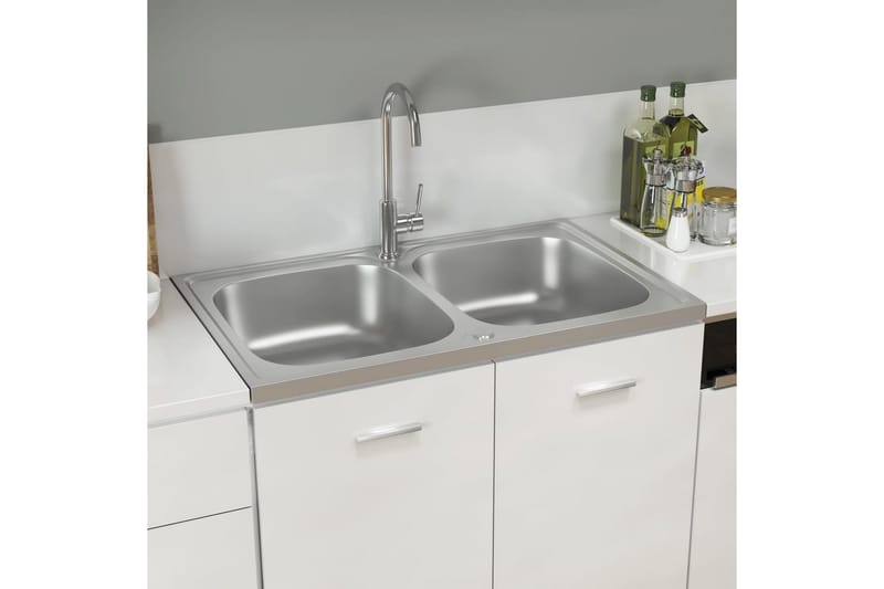 dobbelt køkkenvask 800x500x155 mm rustfrit stål sølvfarvet - Sølv - Dobbelt håndvask
