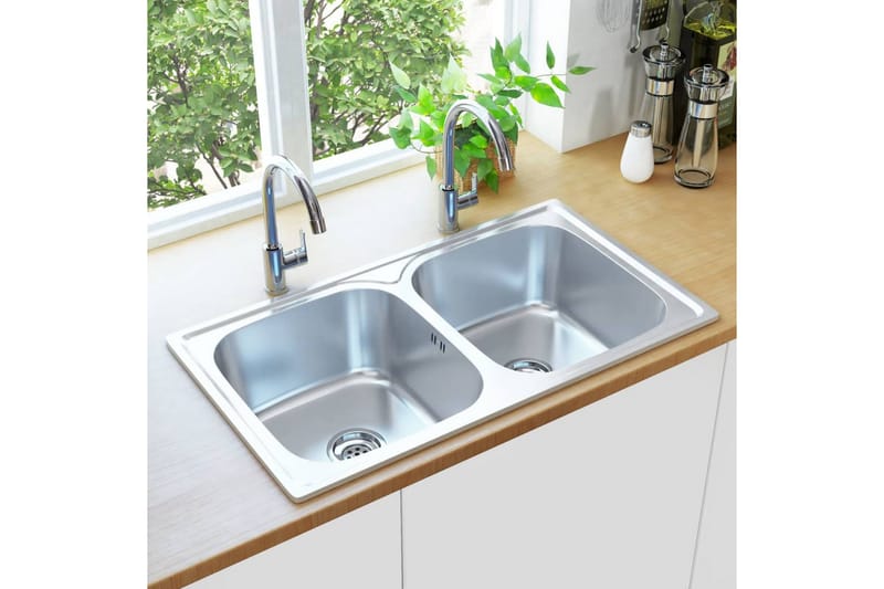 dobbelt køkkenvask med strainer og vandlås rustfrit stål - Sølv - Lille håndvask