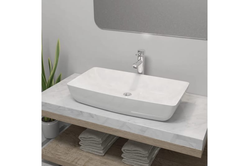 Badeværelseshåndvask Med Blandingsbatteri Keramik - Hvid - Lille håndvask