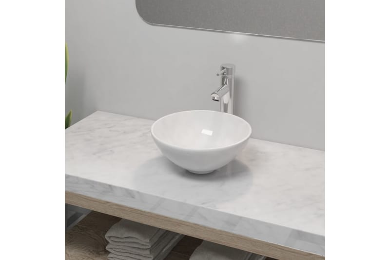 Badev�ærelseshåndvask Med Blandingsbatteri Keramik Rund Hvid - Hvid - Lille håndvask