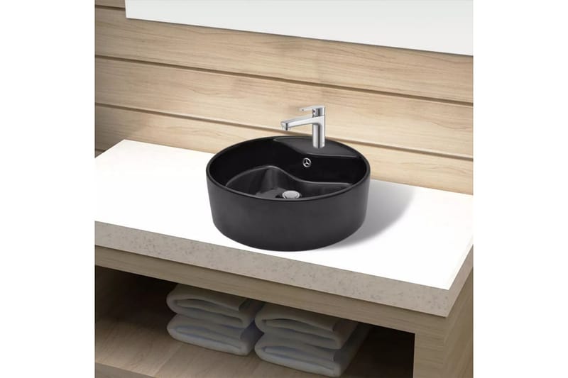 Håndvask i keramik t/badeværelse, hul til vandhane/overløb - Sort - Lille håndvask