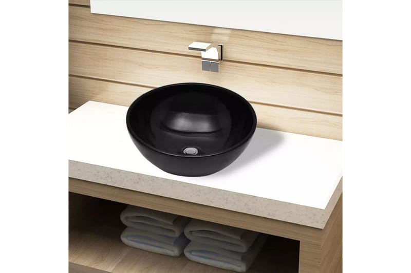 Håndvask i keramik til badeværelse, sort, rund - Sort - Lille håndvask
