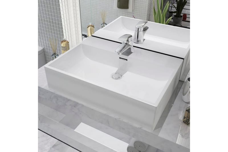 håndvask med hul til vandhane keramik 60,5x42,5x14,5 cm hvid - Hvid - Lille håndvask