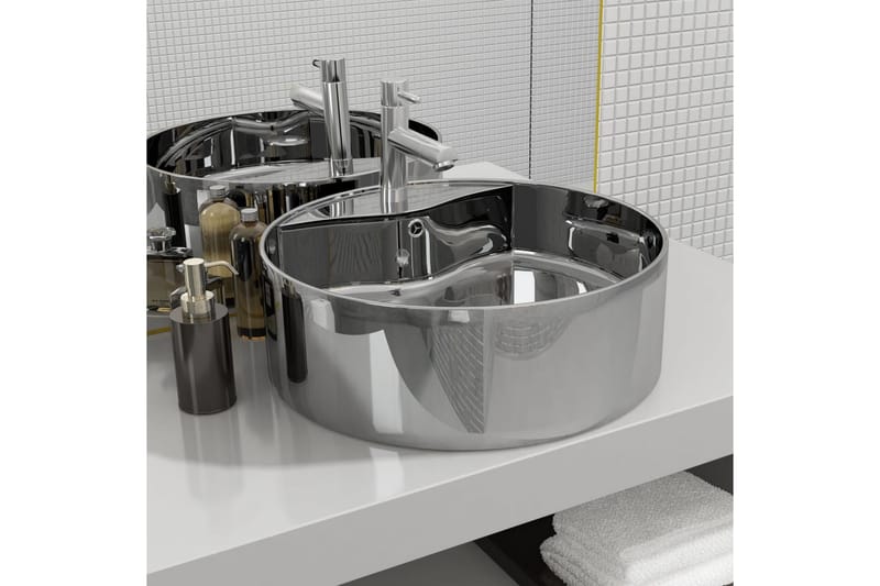 håndvask med overløb 46,5 x 15,5 cm keramik sølvfarvet - Sølv - Lille håndvask
