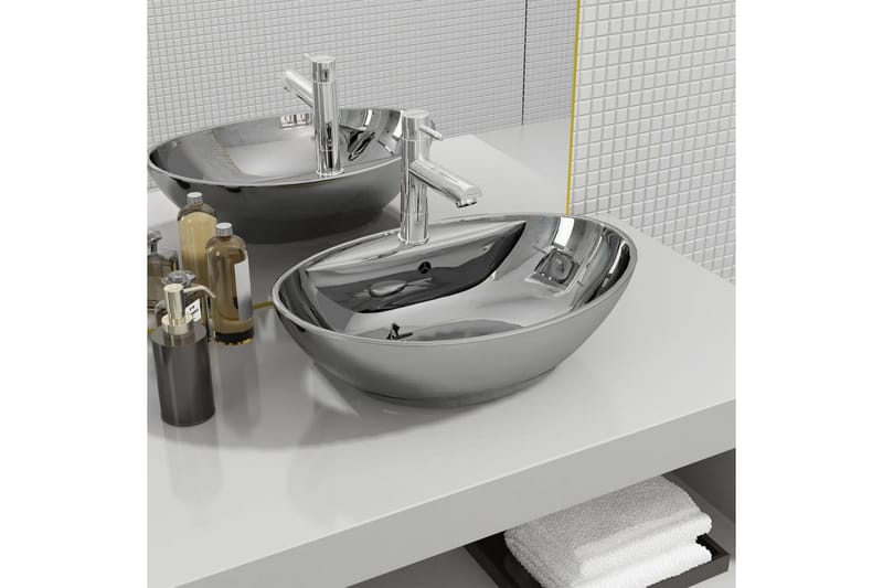 håndvask med overløb 58,5 x 39 x 21 cm keramik sølvfarvet - Sølv - Lille håndvask