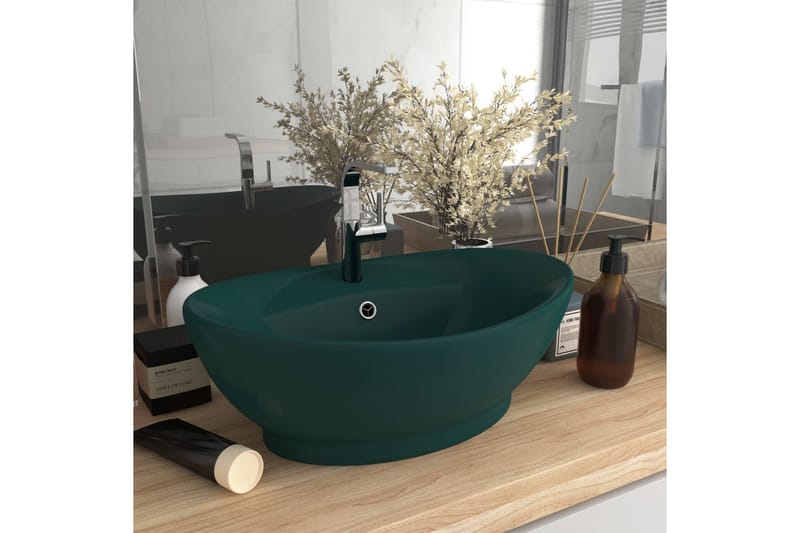 Håndvask Med Overløb 58,5x39 cm Keramik Oval Mat Mørkegrøn - Lille håndvask
