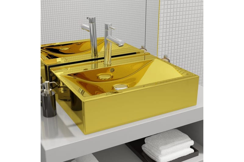 håndvask med overløb 60 x 46 x 16 cm keramik guldfarvet - Guld - Lille håndvask