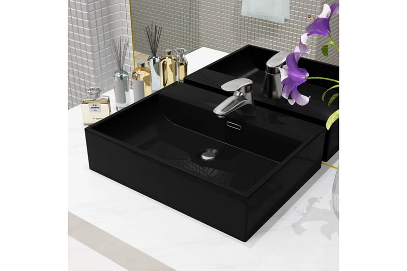 håndvask med vandhanehul keramik 51,5 x 38,5 x 15 cm sort - Sort - Lille håndvask