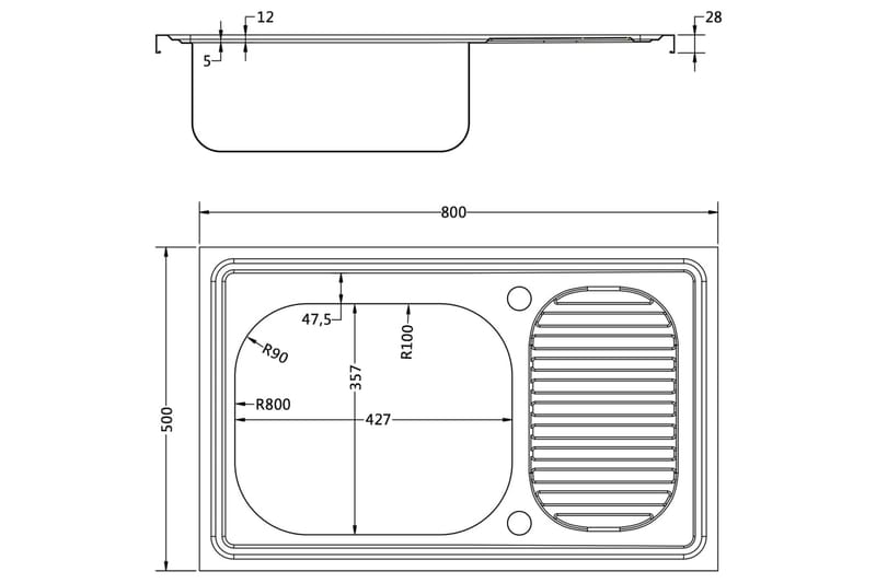 køkkenvask med afløbssæt 800x500x155 mm rustfrit stål - Sølv - Lille håndvask