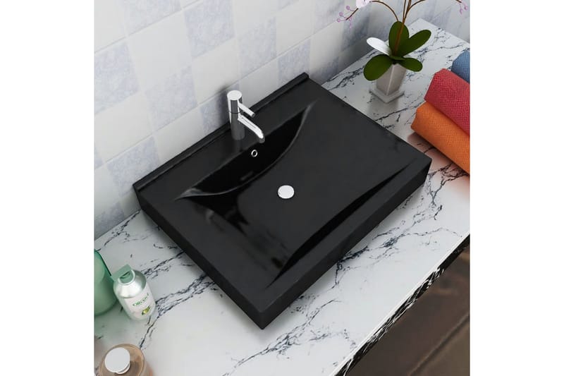 Keramisk firkantet håndvask m. hanehul 60x46 cm - Sort - Lille håndvask