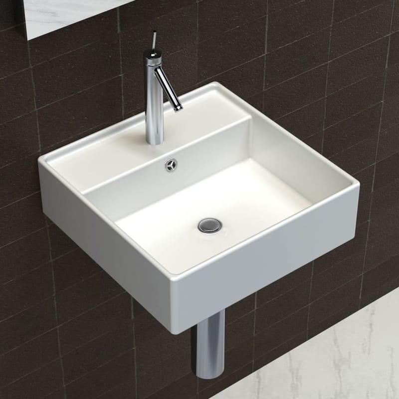 Keramisk håndvask m. overløb & hul til hane 41x41 cm - Hvid - Lille håndvask
