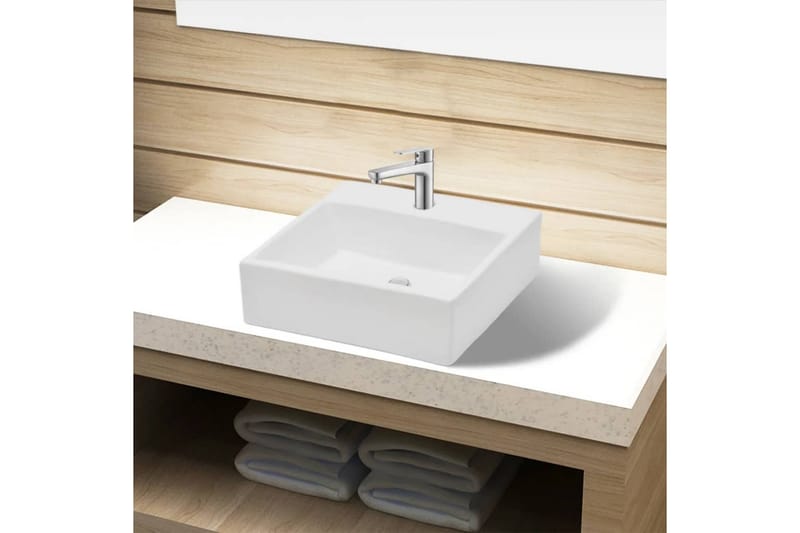 keramisk håndvask med vandhanehul hvid firkantet - Hvid - Lille håndvask