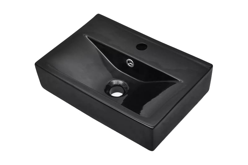 Keramisk håndvask overløb hanehul firkantet sort - Sort - Lille håndvask
