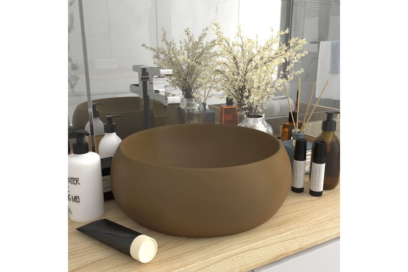 Luksuriøs Håndvask 40x15 cm Rund Keramik Mat Cremefarvet - Lille håndvask