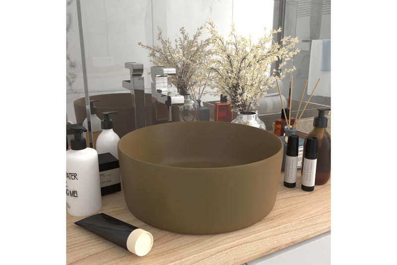 Luksuriøs Håndvask 40x15 cm Rund Keramik Mat Cremefarvet - Lille håndvask