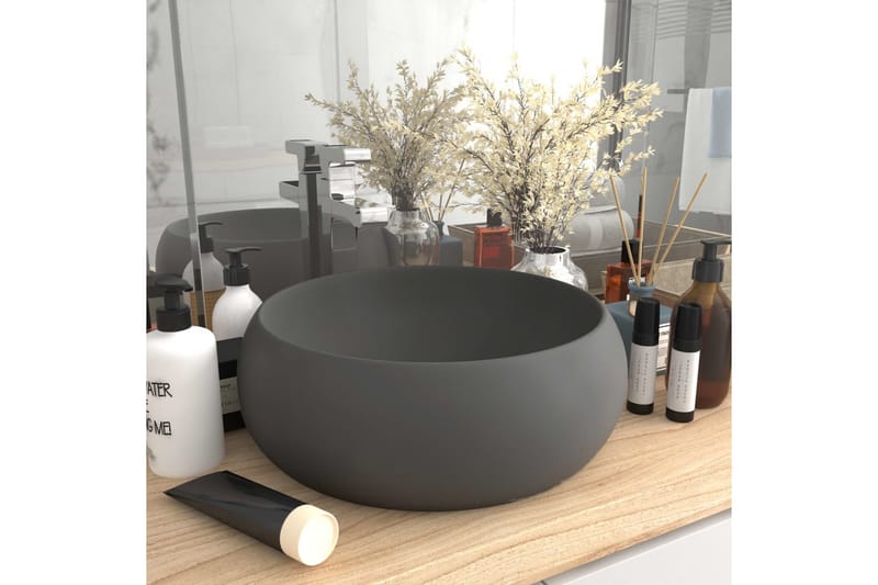 Luksuriøs Håndvask 40x15 cm Rund Keramik Mat Mørkegrå - Hus & renovering - Køkken & bad - Badeværelse - Håndvaske - Lille håndvask