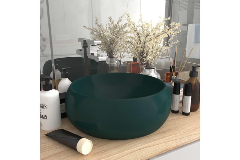 Luksuriøs Håndvask 40x15 cm Rund Keramik Mat Mørkegrøn - Hus & renovering - Køkken & bad - Badeværelse - Håndvaske - Lille håndvask